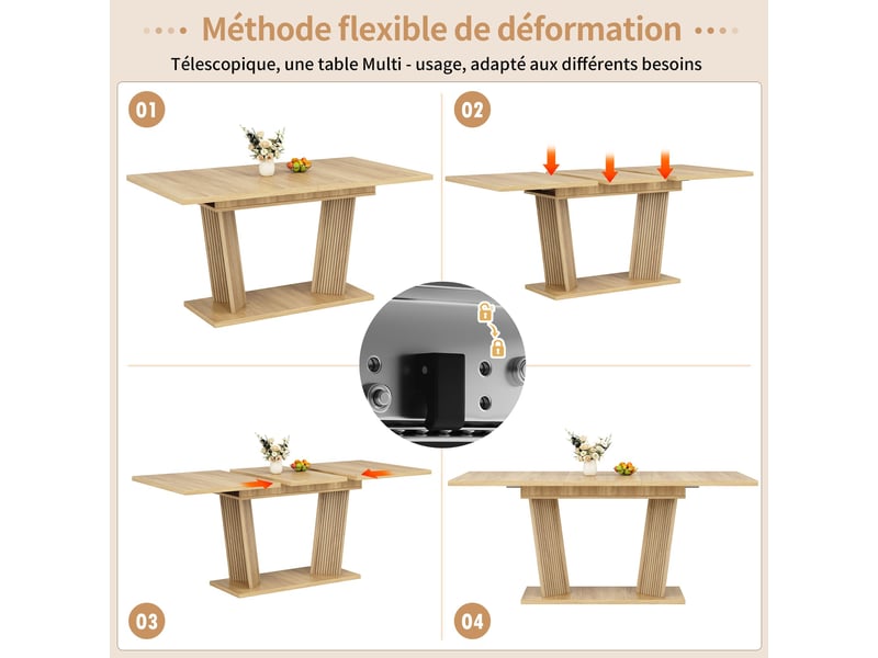  Table à manger extensible naturel et marron clair, rangement, étagères réglables, confort, solide, robuste - mdf - 160x80x76cm  - Conforama D