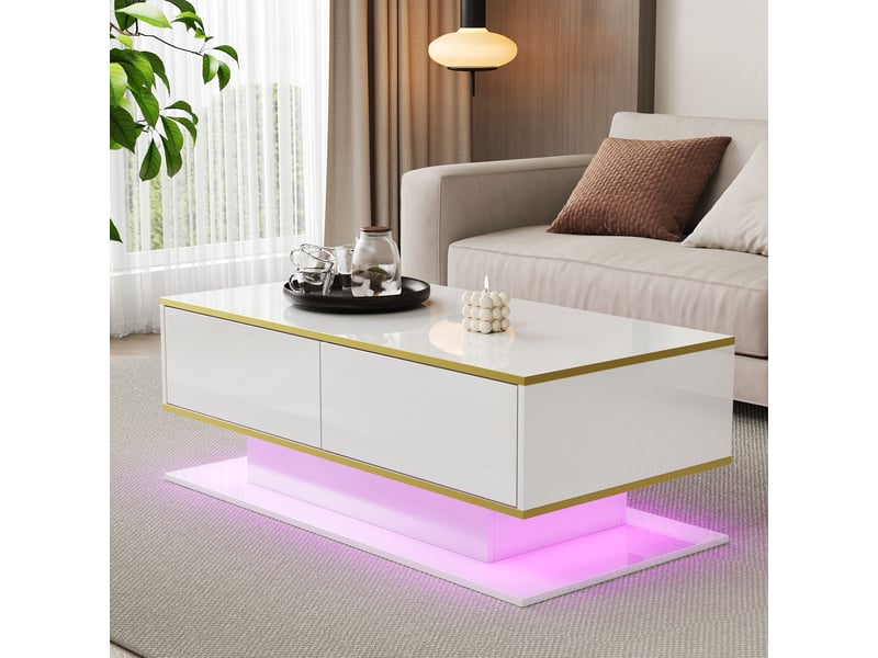  Table basse avec 3 tiroirs, niche ouverte et led pour salon 100×50×40 cm en panneaux de particules blanc et or  - Conforama B