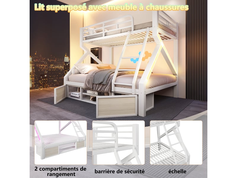 Lit superposé 90 x 200 cm + 140 x 200 cm – avec espaces de rangement – avec barrières de sécurité – avec échelle – blanc (matelas non inclus) - Conforama W