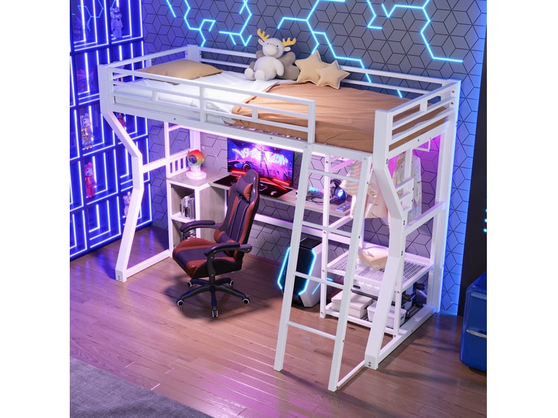 Lit mezzanine 90 x 200 cm avec bureau, rangements, prise et éclairage, blanc - Conforama B
