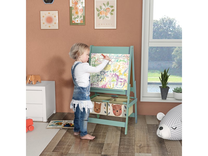  Tableau chevalet enfant ardoise double face tableau à craie rouleau papier 2 paniers vert 54 x 46,5 x 93 cm  - Conforama D