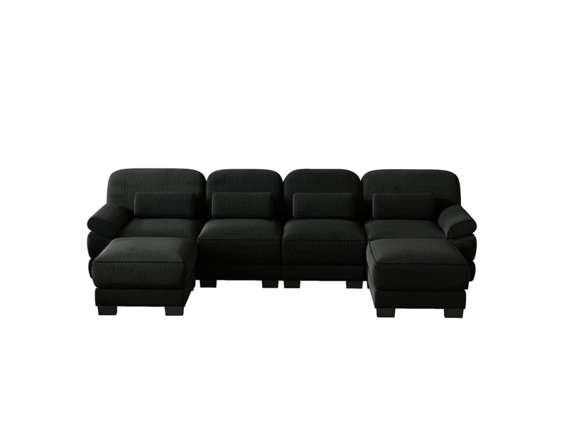 Canapé d’angle 4 places en u, avec 2 poufs, structure avec armature, assise spacieuse et profonde, velours côtelé doux, 336 × 161 × 94 cm, noir  - Conforama A