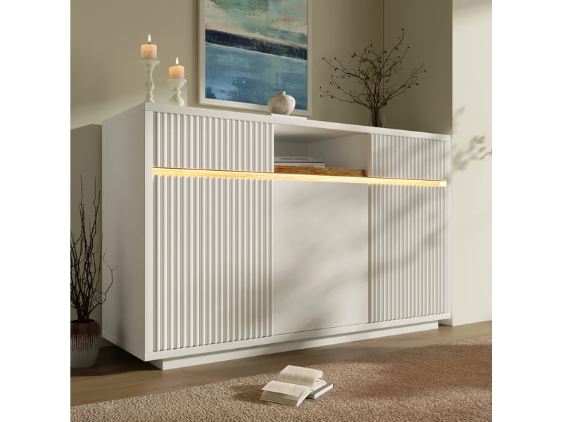 Buffet blanc à led 140 x 40 x 85 cm, 2 tiroirs, 3 portes, étagères réglables - Conforama E