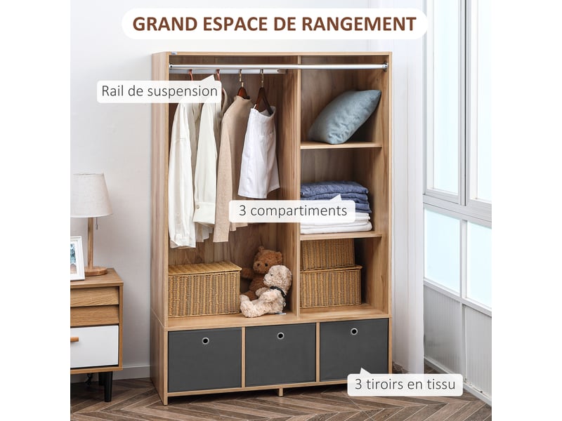  Armoire penderie avec rideau et 3 tiroirs en tissu 105 x 48 x 160 cm  - Conforama E