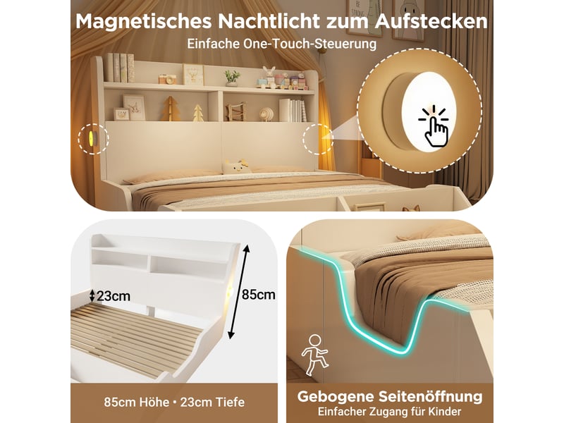  Lit enfant 140x200 cm en bois avec étagères, veilleuses magnétiques et bibliothèque amovible, lit adolescent avec sommier - blanc (sans matelas)  - Conforama D
