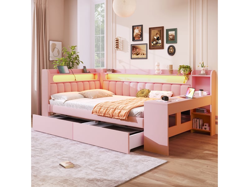  Lit banquette rembourré 140x200 cm, bureau et étagère intégrés, 2 tiroirs de rangement, led 7 couleurs, usb, tissu en lin rose Radiant Stride - Conforama D