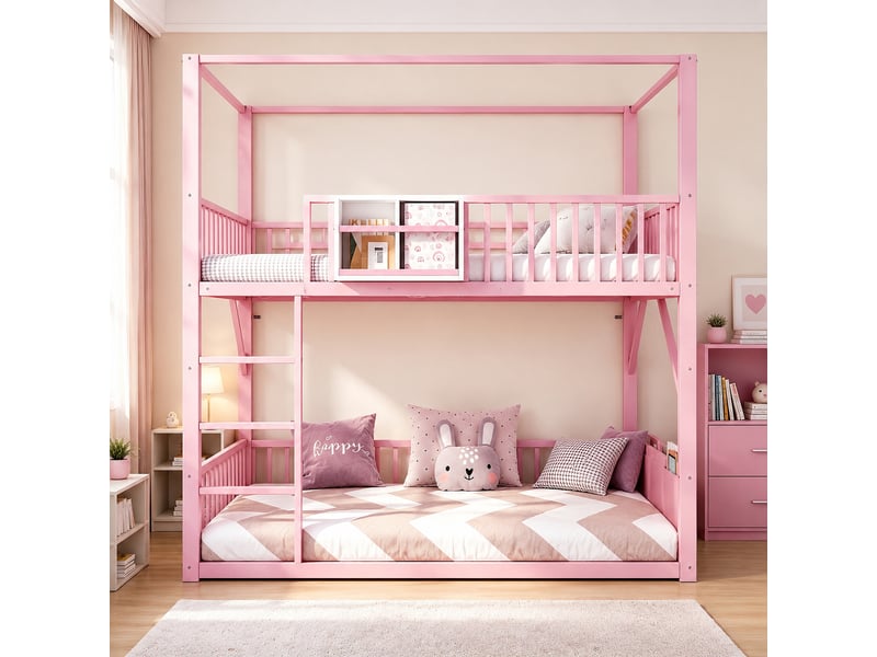 Lit superposé enfant 90 x 200 cm, cadre toit, barrières, étagère et poche latérale, gain de place pour enfants et ados, métal, rose OMNIGLINT TRADING LTD - Conforama C