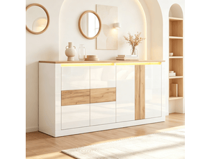 Buffet et enfilade led avec 4 portes coulissantes et étagères réglables pour salon, blanc et chêne, 140 × 35 × 70 cm