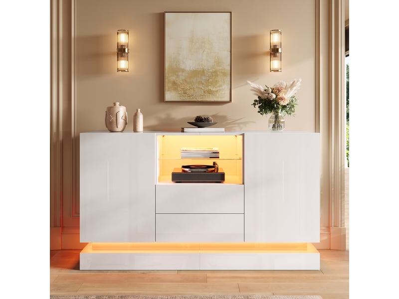 Buffet de rangement 140x40x80 cm, éclairage led, commande par application, 2 portes pour salon et salle à manger - blanc - Conforama B