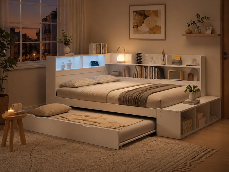 Lit coffre 120 x 200 cm, avec lit gigogne 90 x 190 cm, espace de rangement semi-circulaire, led, charge, banquette, blanc - Conforama B