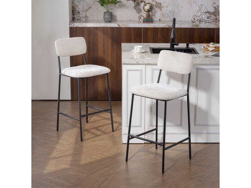  Ensemble de 2 tabourets de bar avec dossier haut, repose-pieds et revêtement en chenille, couleur crème  - Conforama C