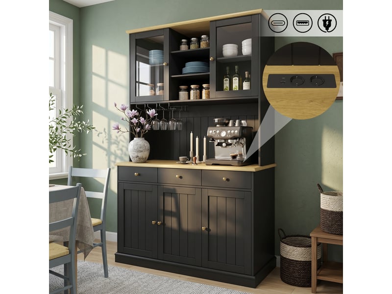  Buffet haut 190 cm avec porte-gobelet et étagères réglables buffet en bois avec rangement multifonctionnel 2 prises et usb-ac noir Sol Morn - Conforama D