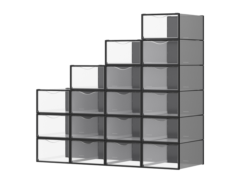  Boîtes à chaussures, lot de 18, transparentes, en plastique, avec porte, empilables, 33,2 x 23 x 14,5 cm, transparent et noir  - Conforama A
