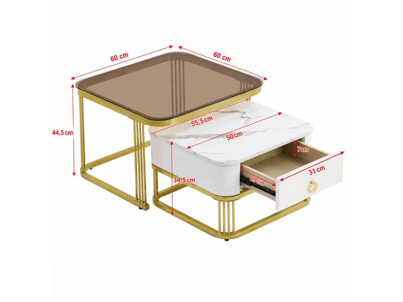 Table basse gigogne 2 pièces, effet marbre brillant et verre brun, blanc et doré - Conforama C