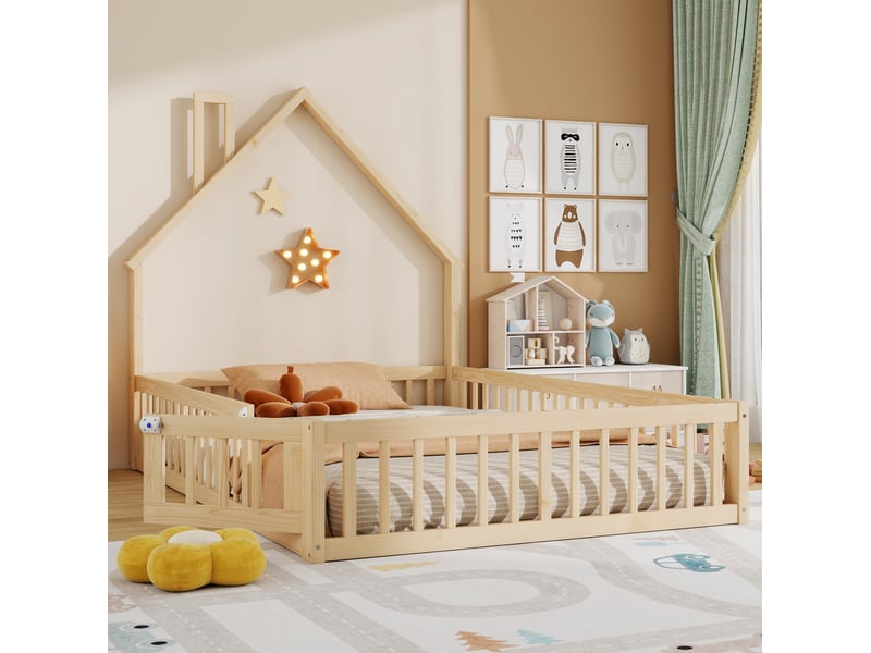  Lit cabane 140x200 cm forme cheminée avec barrière de sécurité, bois naturel sans matelas  - Conforama E