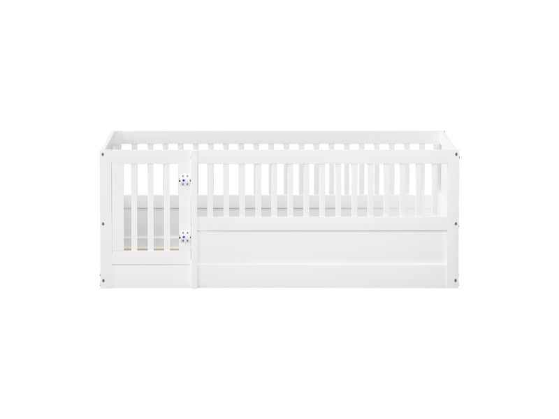  Lit enfant 140 × 200 cm 2 places avec barrière de sécurité et porte, sans matelas, en bois massif, blanc  - Conforama E