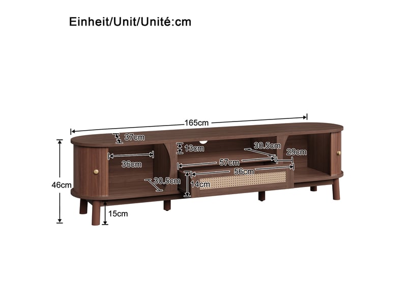  Meuble tv modenvie avec portes coulissantes et tiroir en rotin 165 x 37 x 46 cm mdf noyer  - Conforama C