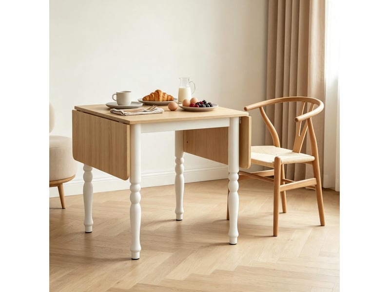 Table de salle à manger extensible 2 à 6 personnes avec 2 rallonges, pieds en acier, naturel et blanc 134 × 80 × 75 cm - Conforama E