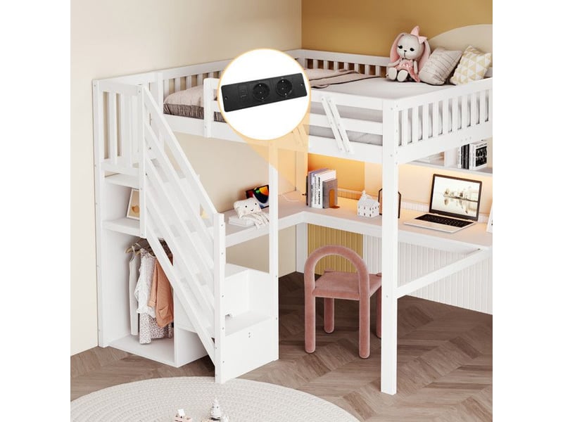  Lit mezzanine en bois massif - 140x200 cm - blanc - escalier avec rangement - bureau intégré - éclairage led 205x193.5x170cm - Conforama B