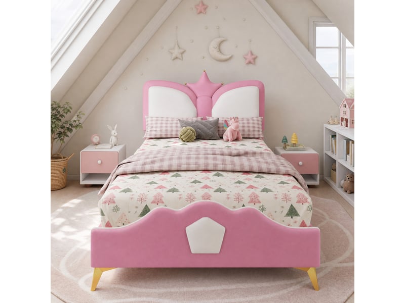  Lit enfant simple 90×200 cm tête de lit couronne et bords antichoc  - sans matelas, pu rose et blanc  - Conforama C