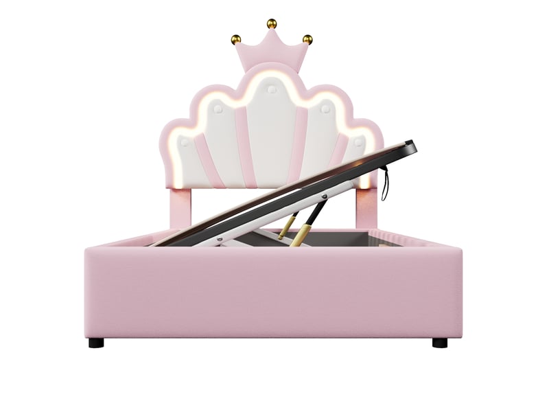 Lit enfant rembourré - modèle couronne - led - rose - coffre de rangement hydraulique CYQ-WX001043AAH - Conforama W