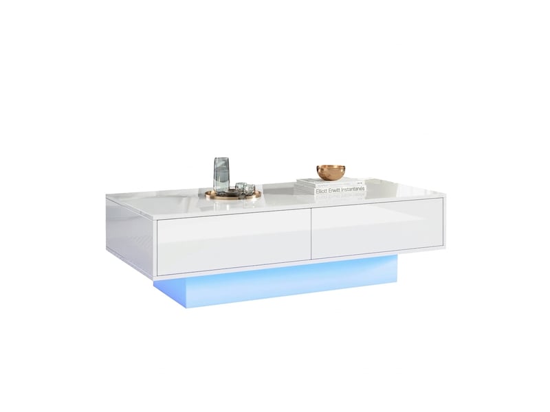  Table basse blanche brillante avec éclairage led et 2 tiroirs, 115x55x34 cm, panneaux de particules, blanc  - Conforama A