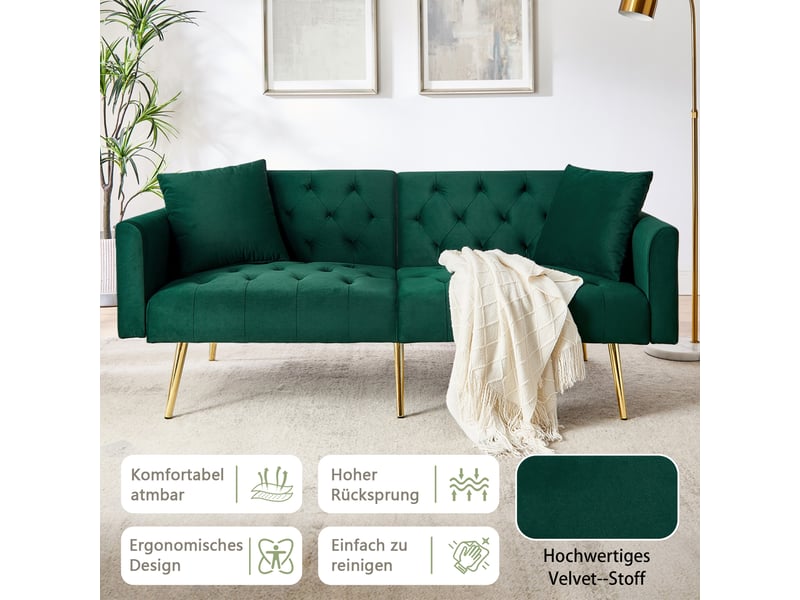 Canapé convertible 2 places avec dossier réglable - coussins inclus, velours, pieds en métal - vert - Conforama E