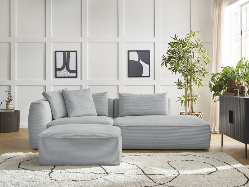 Bobochic canapé droit fixe 3 places leopold velours côtelé avec pouf gris clair accoudoir gauche LEOPOLD - Conforama C
