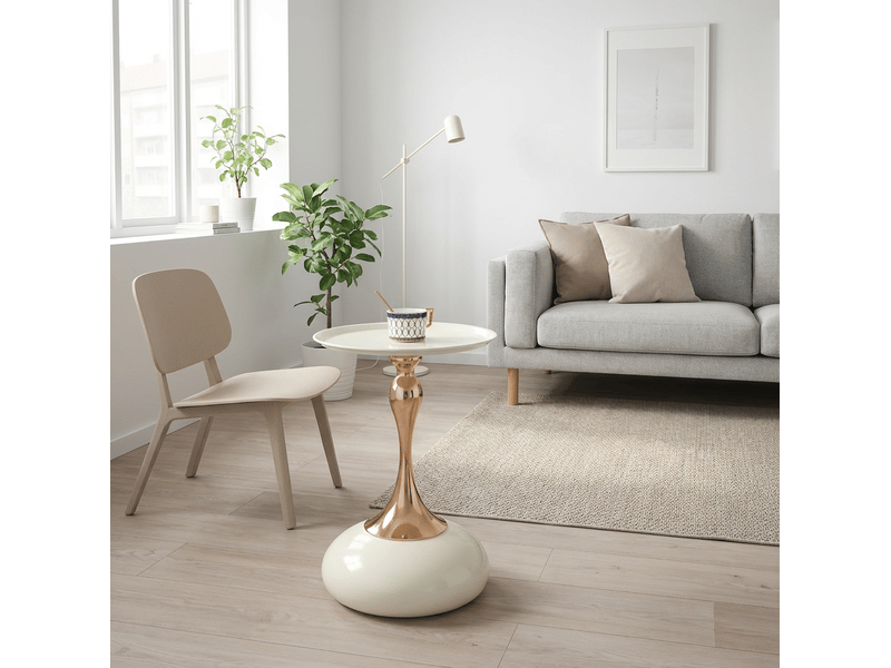  Table d'appoint ronde 38 cm, coloris blanc et or, style compact pour petits espaces, acier carbone  - Conforama B