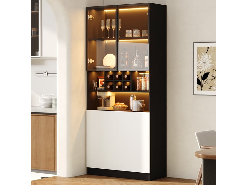  Vitrine led 80x30x180 cm, armoire haute en verre trempé avec étagères et porte-bouteilles, meuble de rangement salon salle à manger - noir  - Conforama B