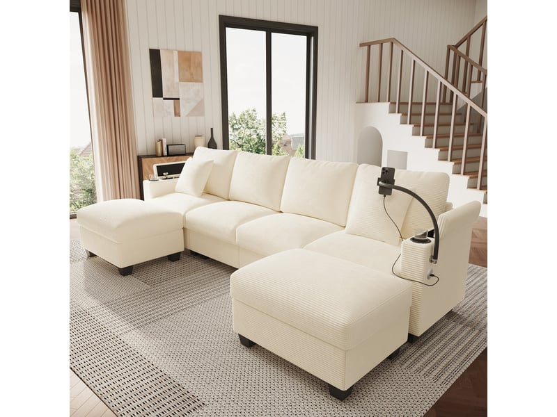 Canapé d'angle en forme de u ,6 places,équipé d'un support pour téléphone et d'un port de charge usb,275,5 x 139 x 87 cm,beige - Conforama D