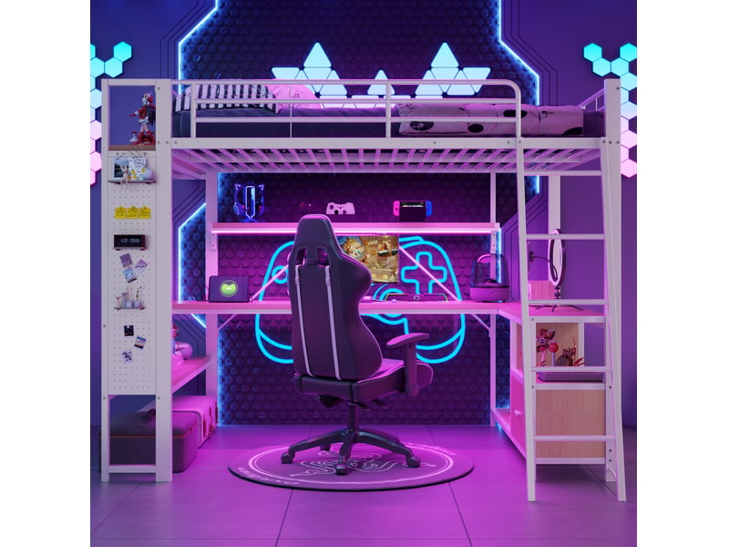  Lit mezzanine 140 x 200 cm avec bureau, rangements, led et usb, sans matelas  - Conforama B