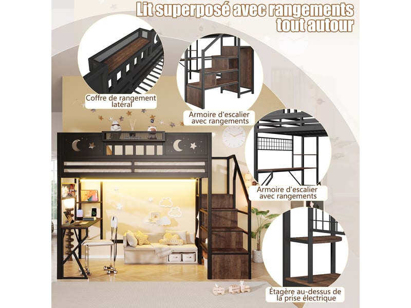 Lit mezzanine, 140 × 200 cm, noir, mdf et métal, rangements, panneau perforé, bureau, garde-corps, échelle, escalier rangement - Conforama D