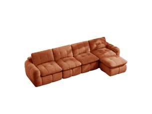 Canapé d'angle modulable 4 places en tissu chenille, forme l avec pouf, orange