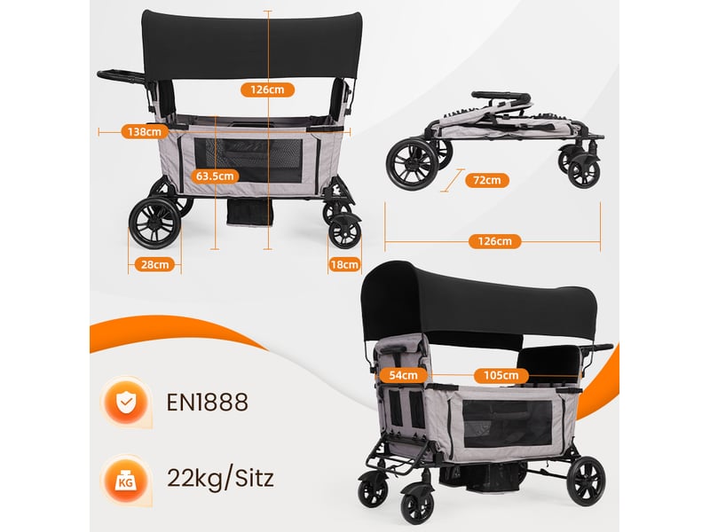  Poussette wagon 4 places pliable 138x126x72 cm – gris – grande couchette, auvent et tablette  - Conforama C