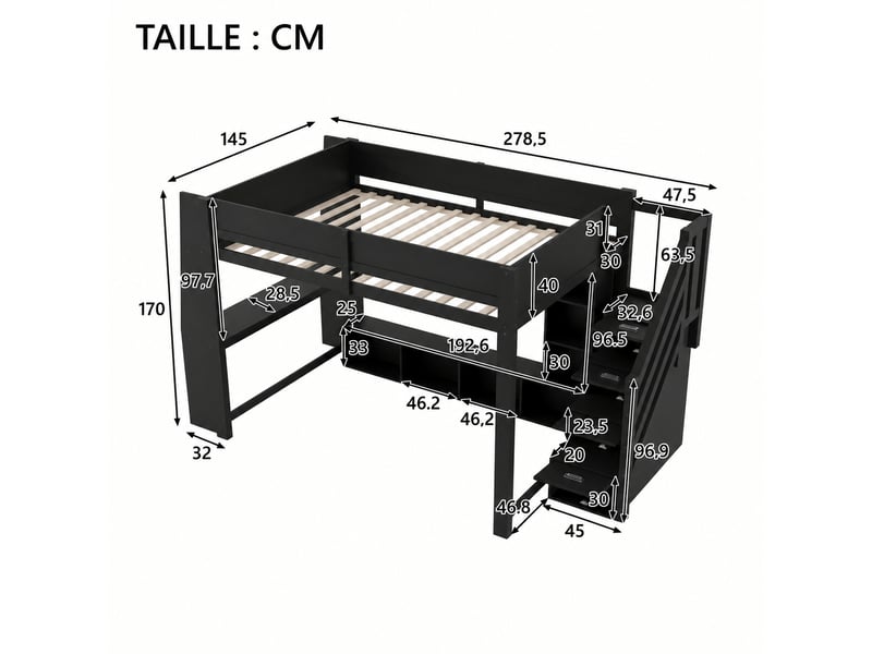  Lit mezzanine 140x200 avec bureau, escalier de rangement et led, en contreplaqué et mdf noir pour chambre enfant  - Conforama C
