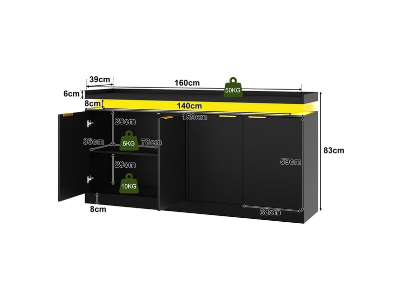  Buffet 4 portes avec éclairage led rgb mdf noir 160 x 39 x 83 cm N635P48852223S - Conforama C