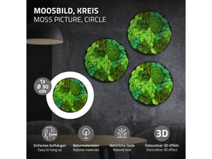 Ecd germany tableau végétal mural, mélange de mousses stabilisées, cadre en mdf rond ø 30 cm, vert, décoration d'intérieur véritable effet 3d, sans arrosage ni entretien, pièce unique
