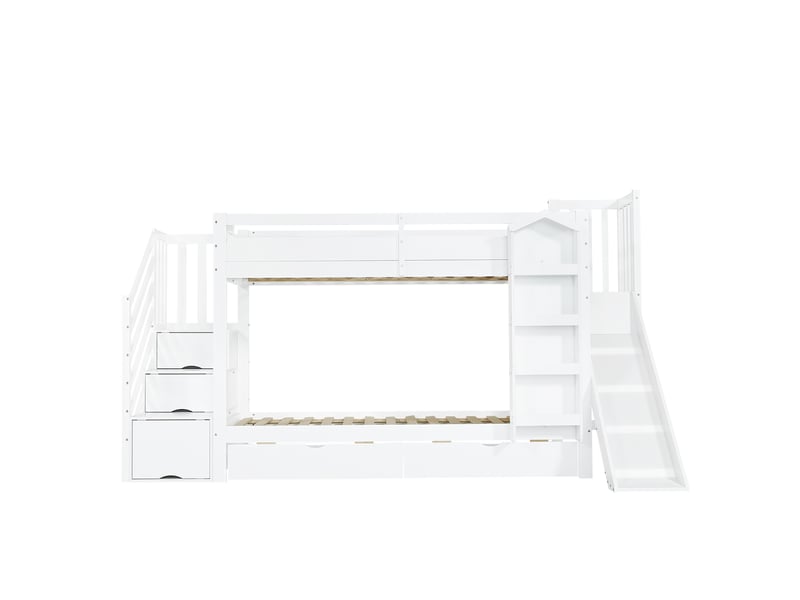  Lit mezzanine enfant 90x200 cm, toboggan, escalier de rangement, bibliothèque et 2 tiroirs, mdf, blanc, sans matelas  - Conforama D