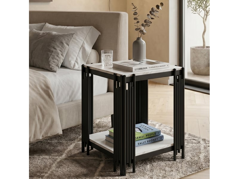 Table de chevet moderne à 2 niveaux ouverte en mdf effet marbre avec cadre métal noir pour chambre 43 × 40 × 54,7 cm - Conforama D
