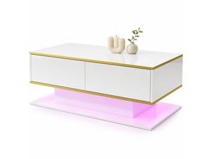 Table basse led blanche et dorée 100 x 50 x 40 cm, 3 tiroirs et rangement ouvert