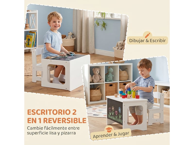Ensemble table et chaises pour enfants avec plateau réversible, table et chaises avec ardoise à dessin pour enfants de 3 à 6 ans, blanc - Conforama E