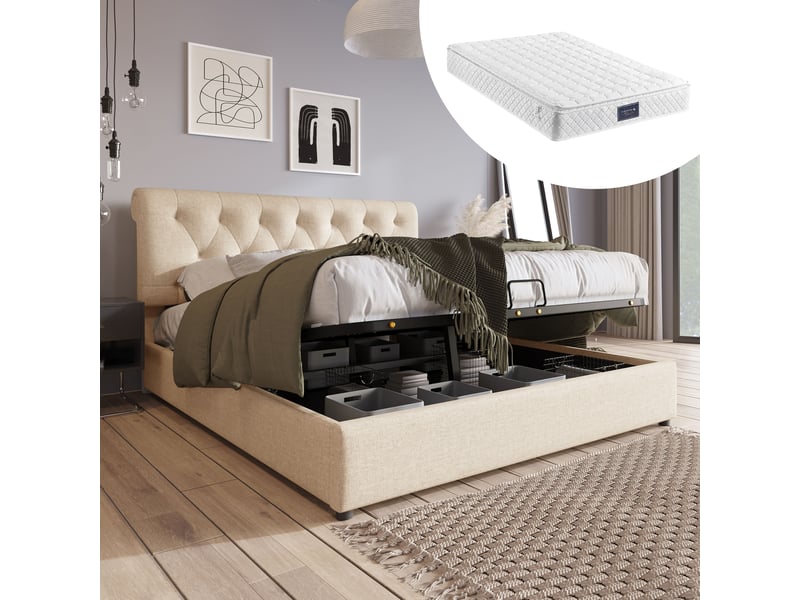  Lit coffre hydraulique 160x200 cm beige, matelas 7 zones inclus, tête réglable  - Conforama B