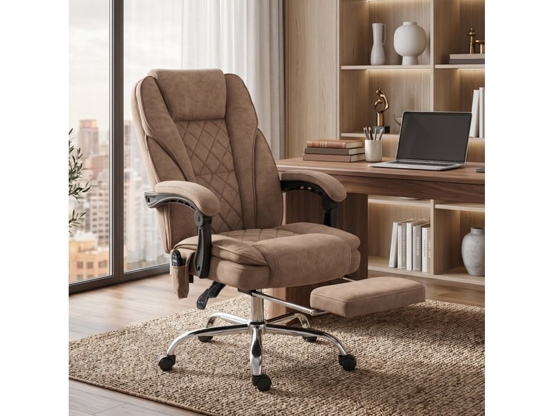  Fauteuil de bureau ergonomique marron avec massage, chauffage lombaire, repose-pieds, pivotant et à roulettes  - Conforama B