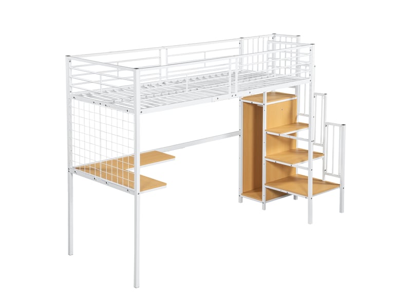  Lit superposé en fer, lit mezzanine, idéal pour enfants et adolescents, avec table et armoire, échelle latérale avec rampe, fer et panneaux de particules, blanc et naturel, 90 x 200 cm  - Conforama E