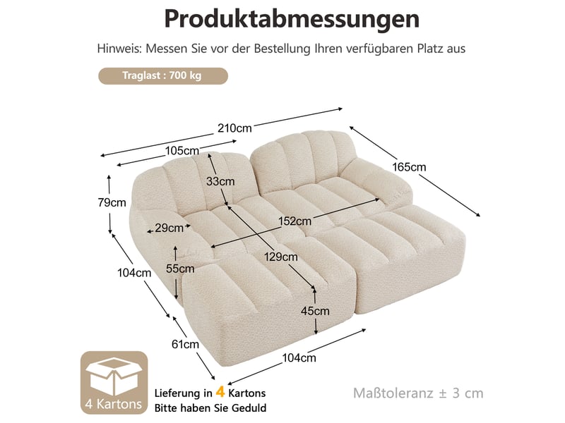  Canapé modulaire 2 places avec 2 ottomans en fleece granulé beige et blanc - 210 x 165 x 79 cm  - Conforama E