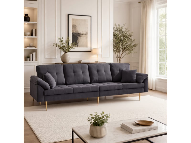  Canapé modulaire 4 places avec pouf libre, configuration d'angle et assise rembourrée en velours côtelé gris foncé  - Conforama D