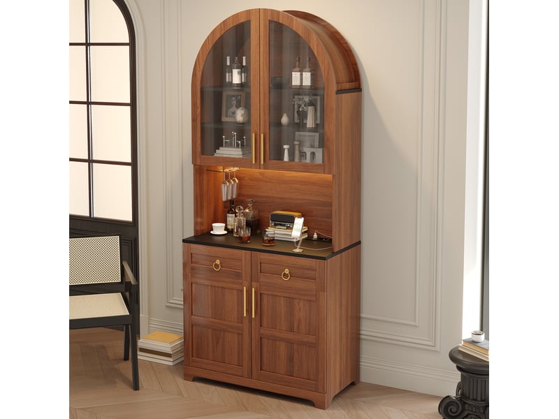  Buffet 80x40x180 cm avec vitrine en verre cintrée, éclairage led, prise intégrée et usb, 2 tiroirs, mdf, noyer  - Conforama D