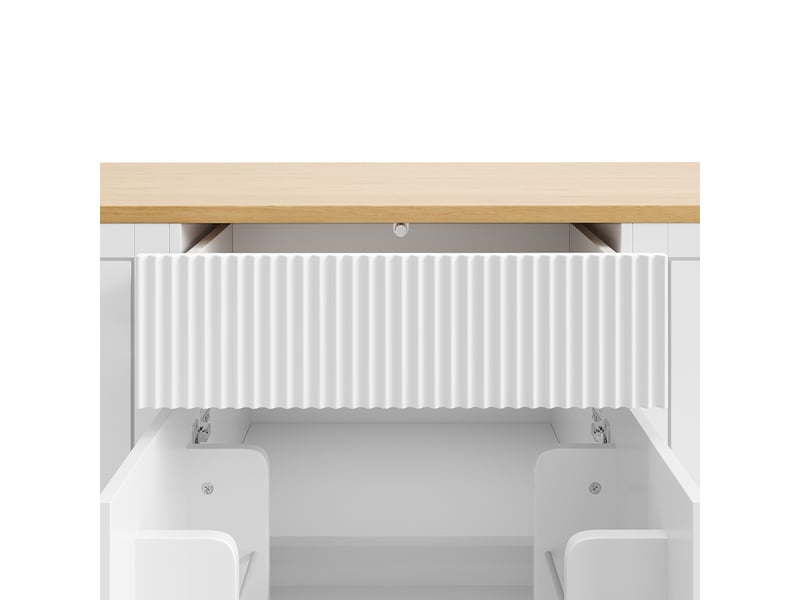  Îlot de cuisine sur roulettes 120x50x92 cm avec compartiment poubelle, 2 portes et 3 tiroirs, blanc et bois  - Conforama R