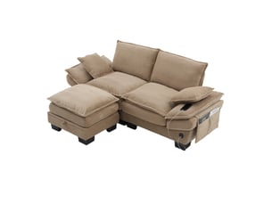 Canapé d'angle réversible fixe <strong>MAISENTIEL</strong> <strong></strong> 2 places Velours côtelé taupe avec coffre de rangement